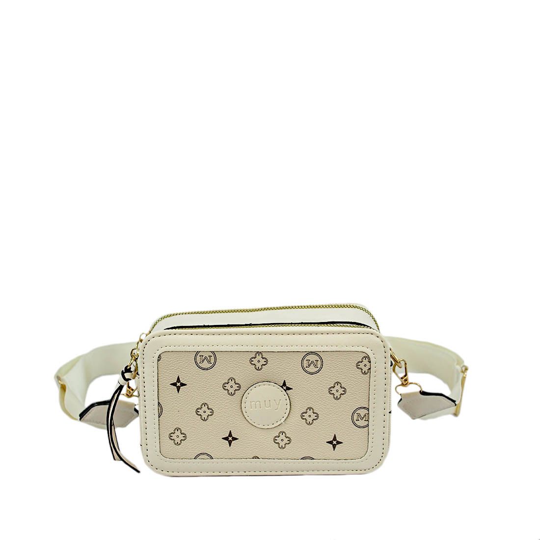 Monogram crossbody bag with dual zippers and structured design