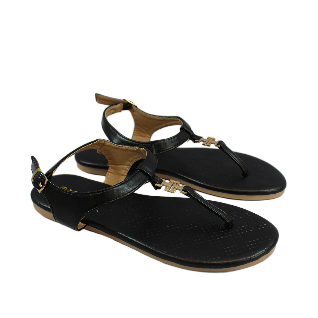 Thin strap sandlas with gold design infront