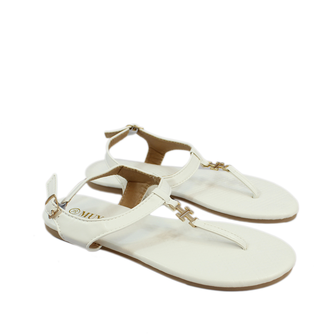 Thin strap sandlas with gold design infront