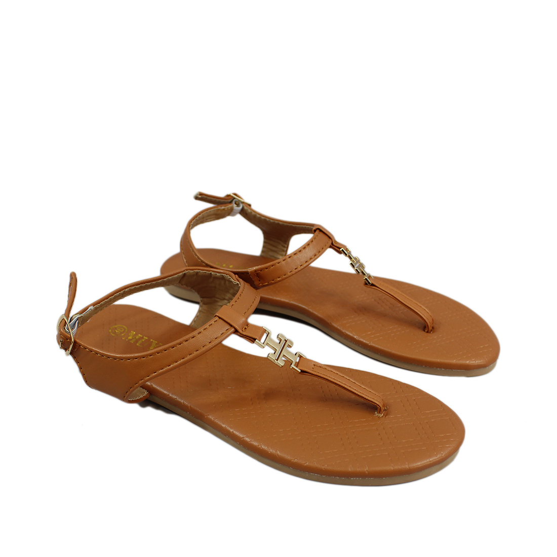 Thin strap sandlas with gold design infront