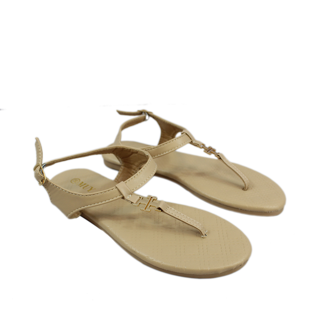 Thin strap sandlas with gold design infront