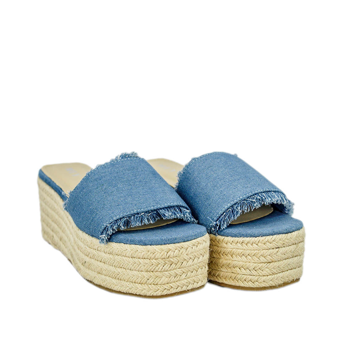 Denim platform wedges with jute-textured sole and frayed straps
