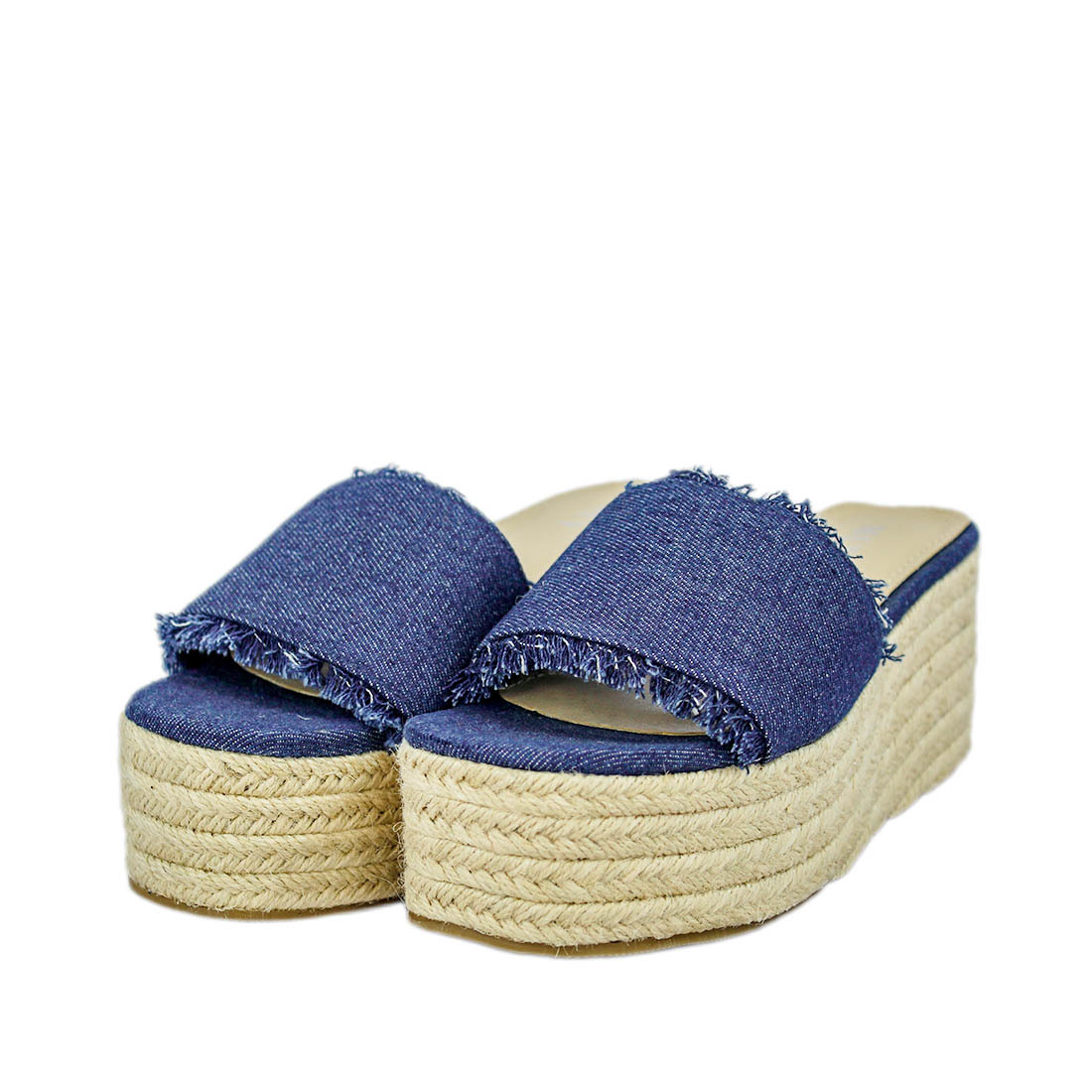 Denim platform wedges with jute-textured sole and frayed straps