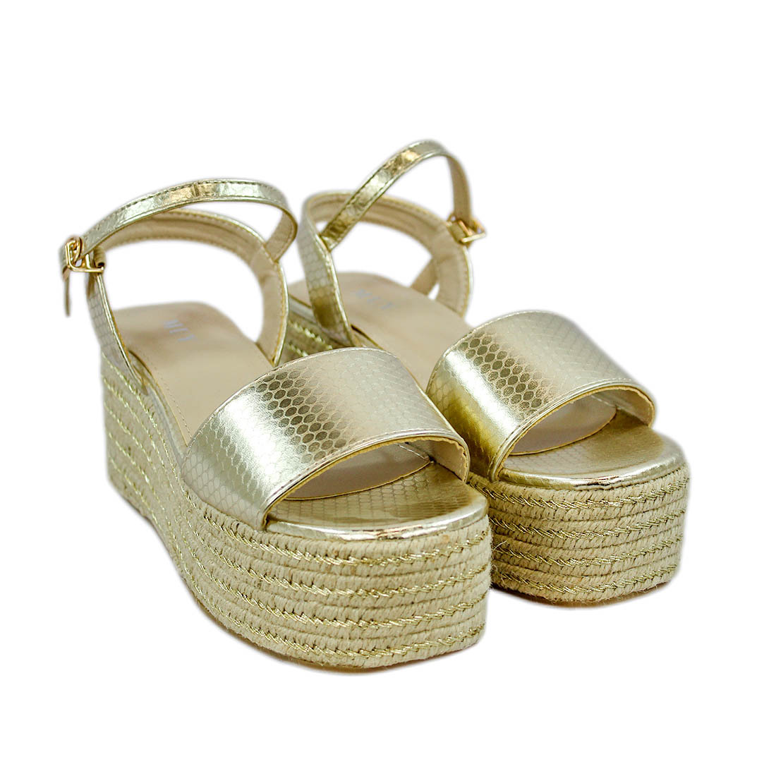 Metallic wedge sandals with ankle strap and textured shimmer finish