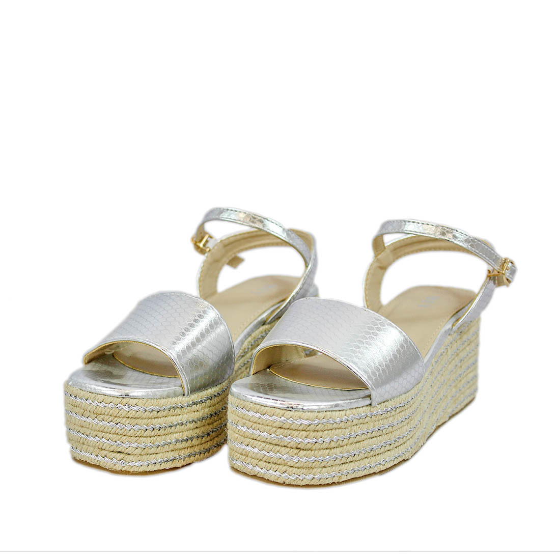 Metallic wedge sandals with ankle strap and textured shimmer finish