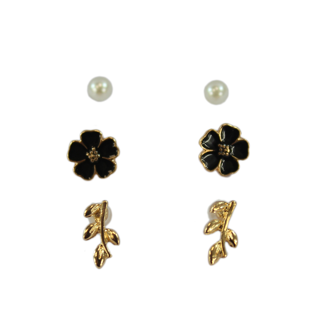 Set x3 pearl, flower and leaves stud