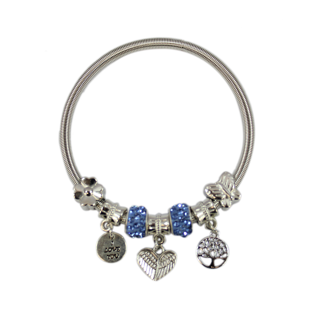 Stretch spring with silver and blue design
