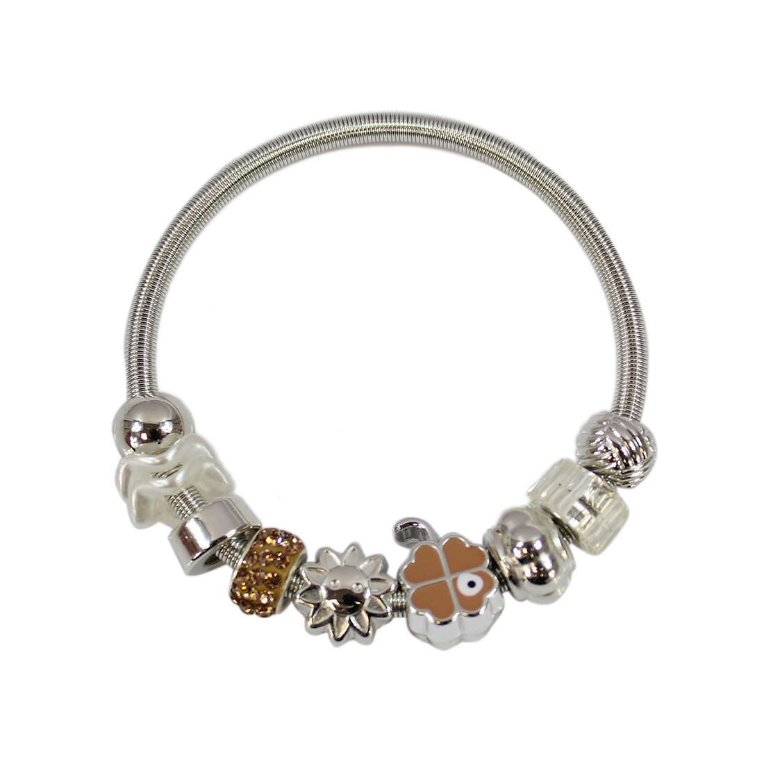 Stretch spring with silver and brown clover