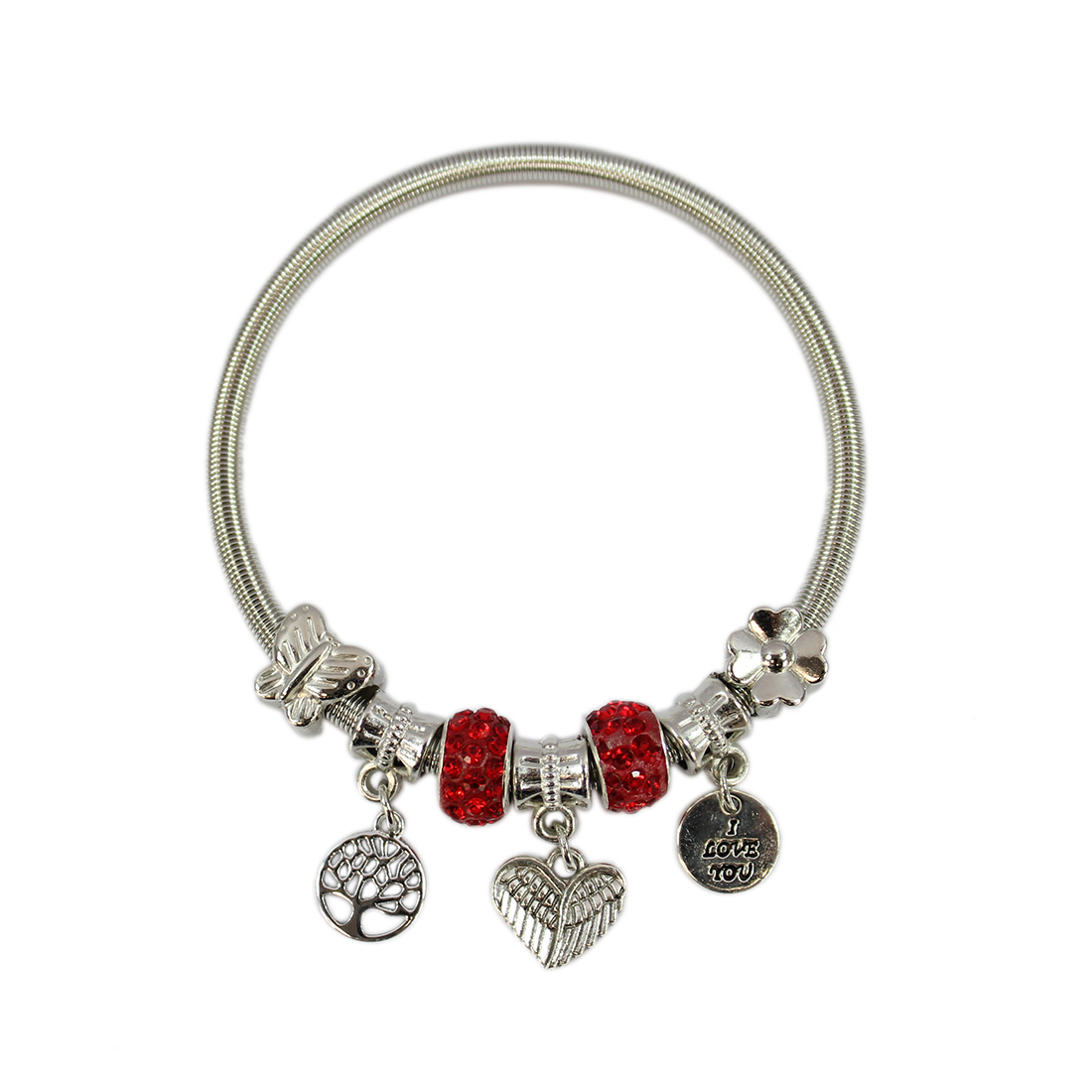 Stretch spring with silver and red design