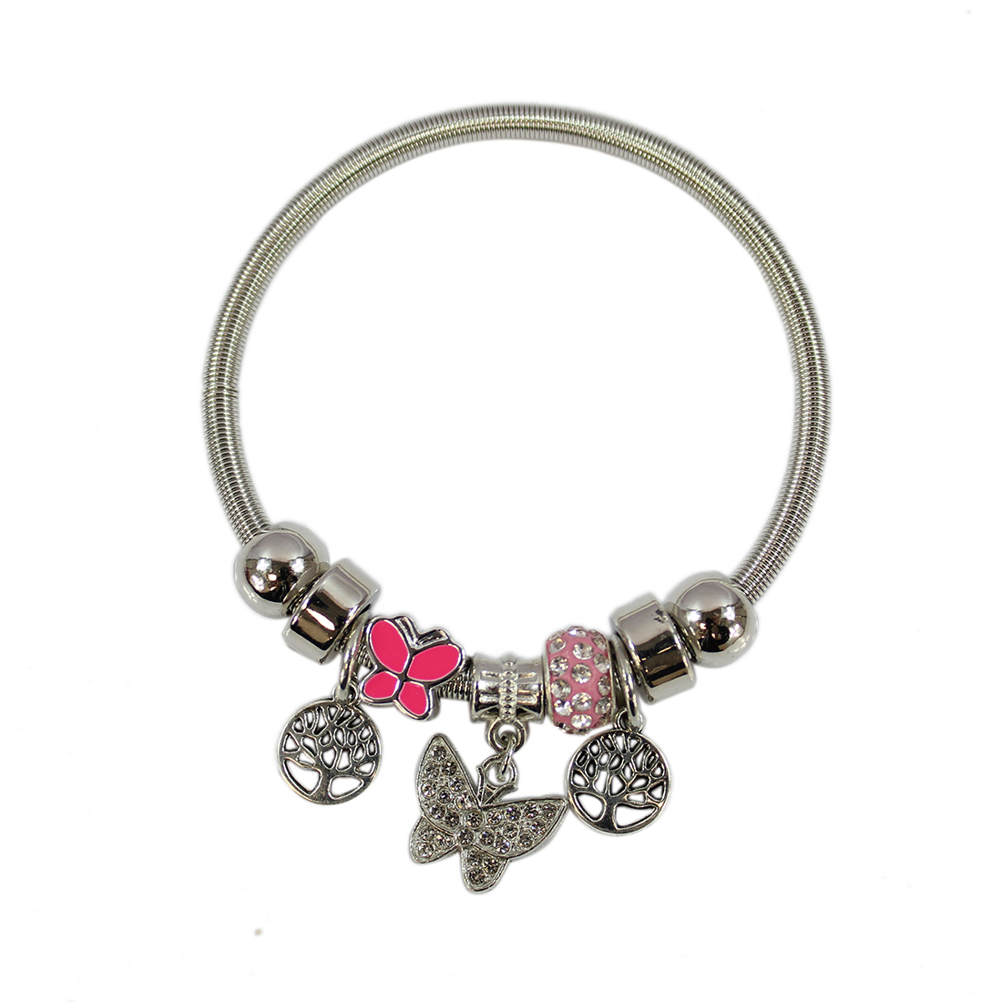 Stretch spring with silver and pink butterfly