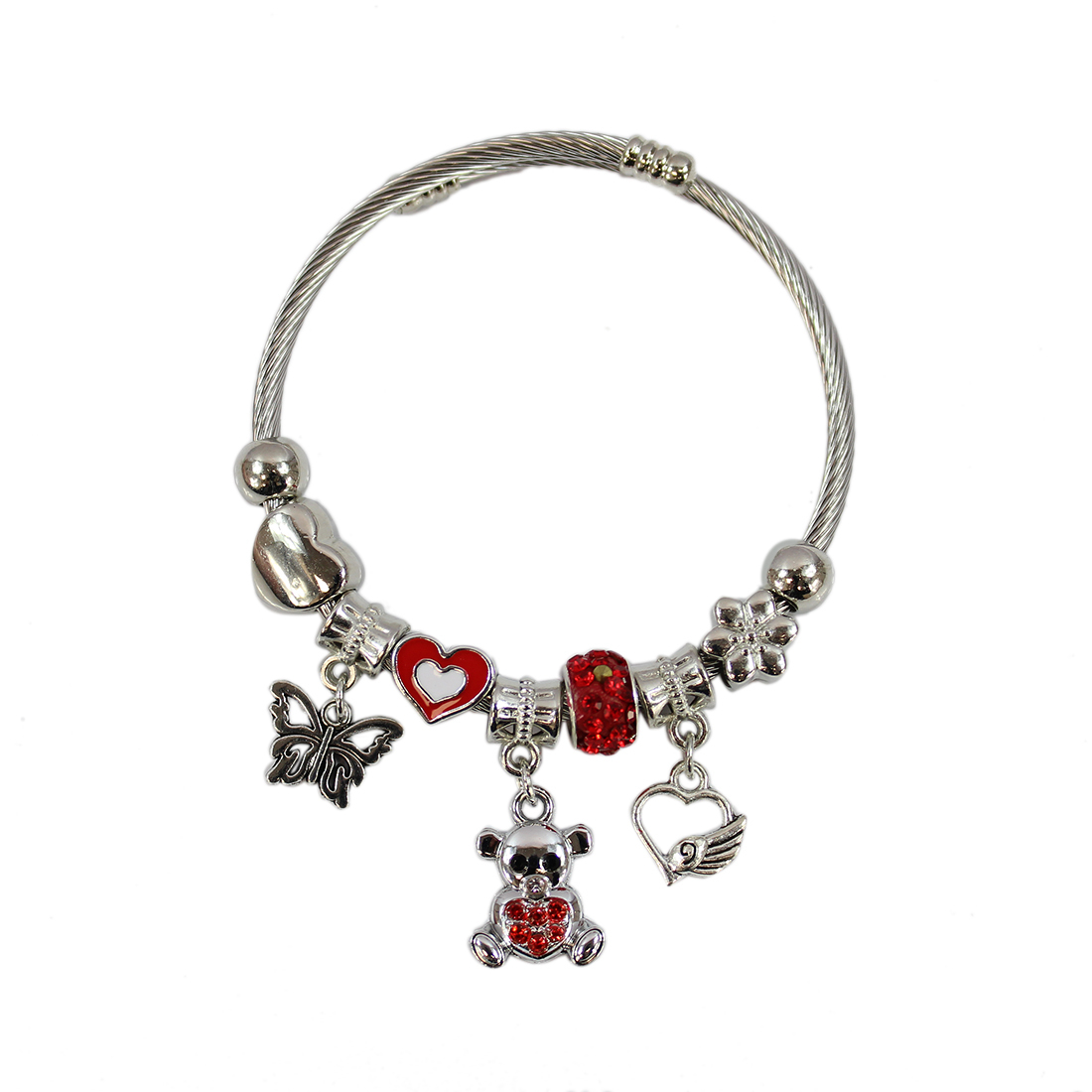Bangle with silver and red hearts