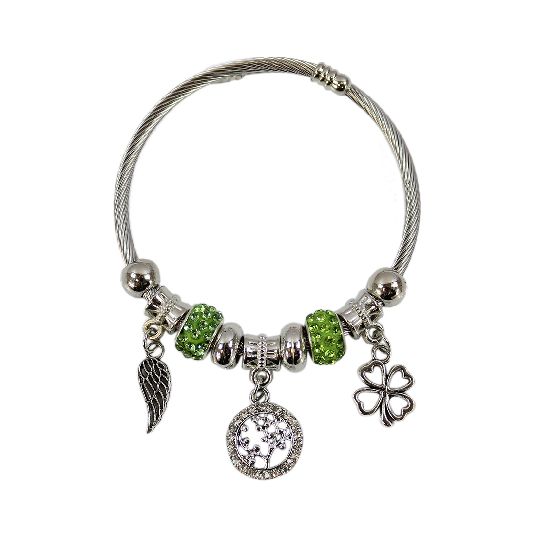 Bangle with silver and green wings design