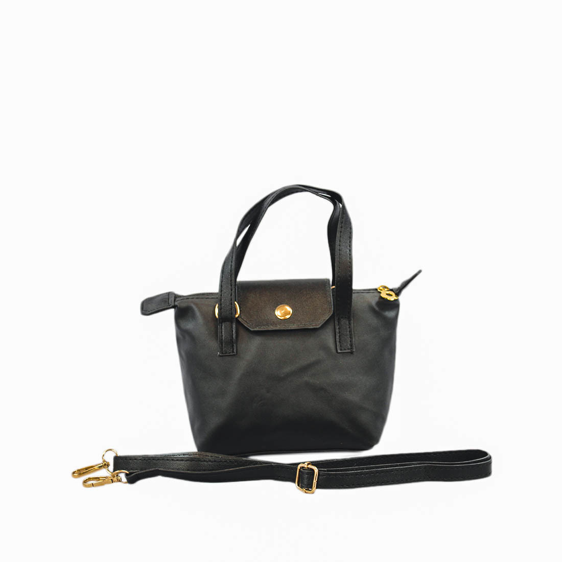 Compact tote-style handbag with snap flap and detachable strap