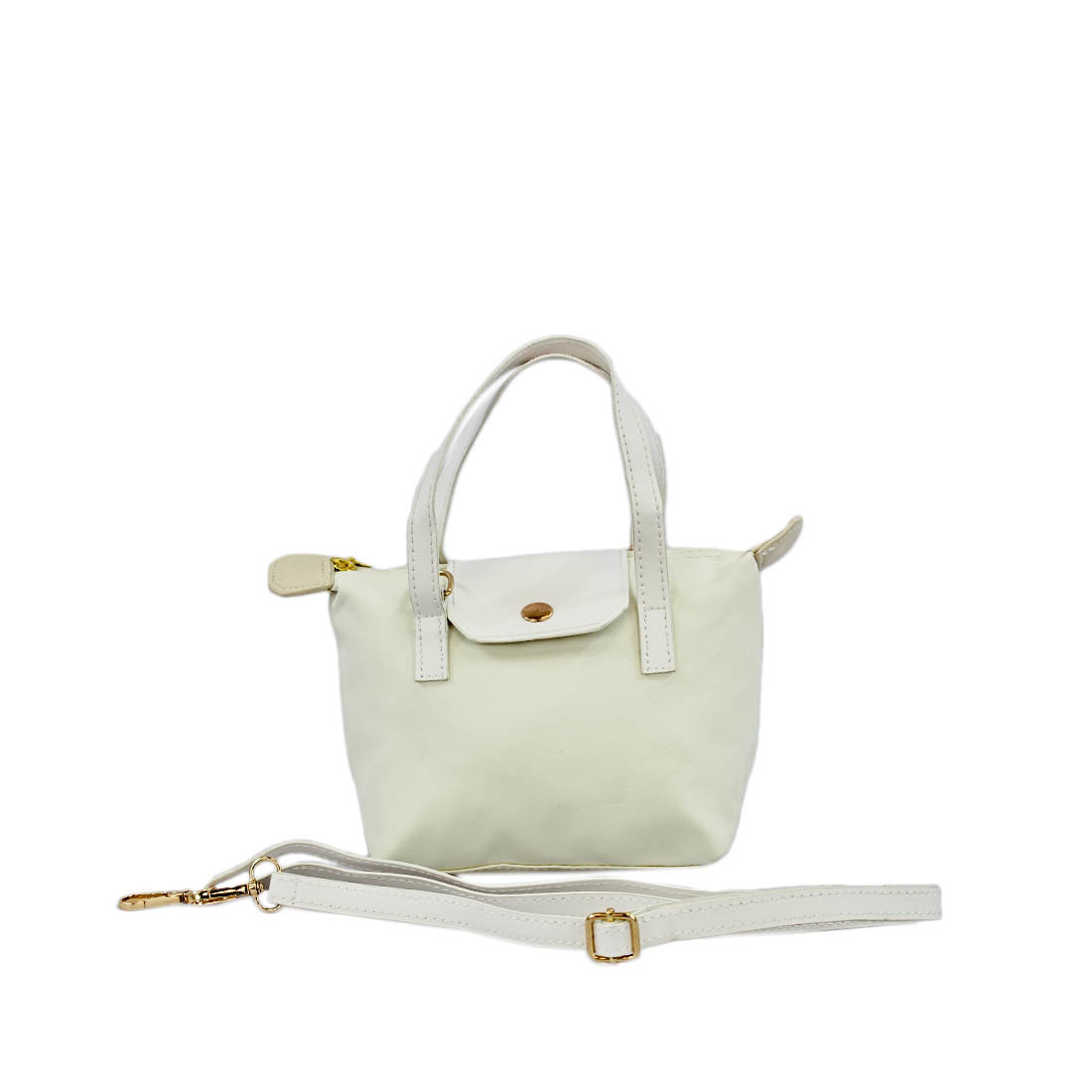 Compact tote-style handbag with snap flap and detachable strap