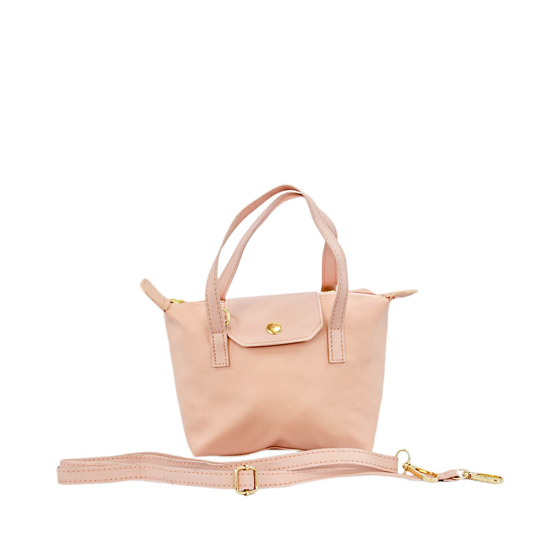 Compact tote-style handbag with snap flap and detachable strap