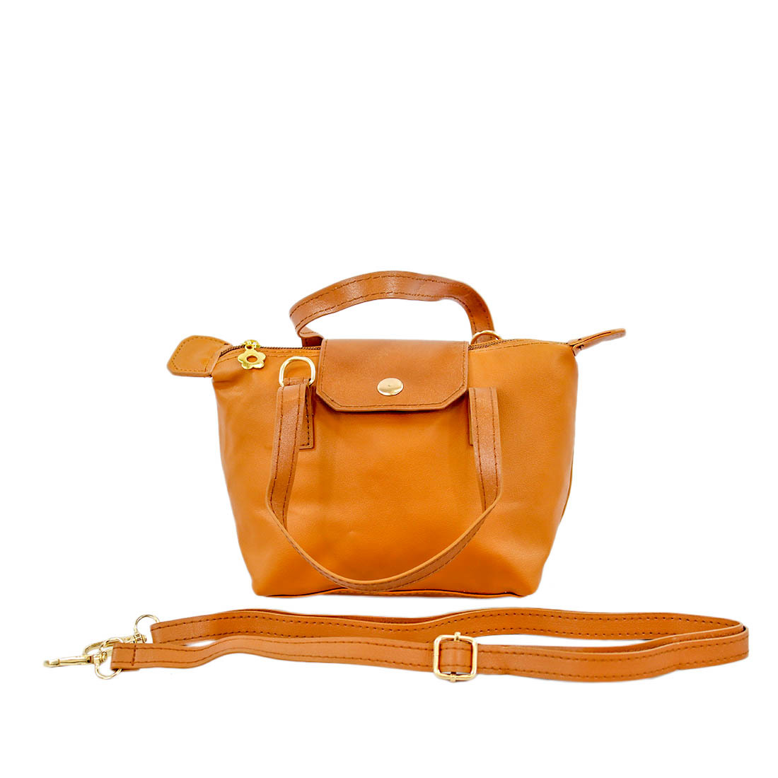 Compact tote-style handbag with snap flap and detachable strap