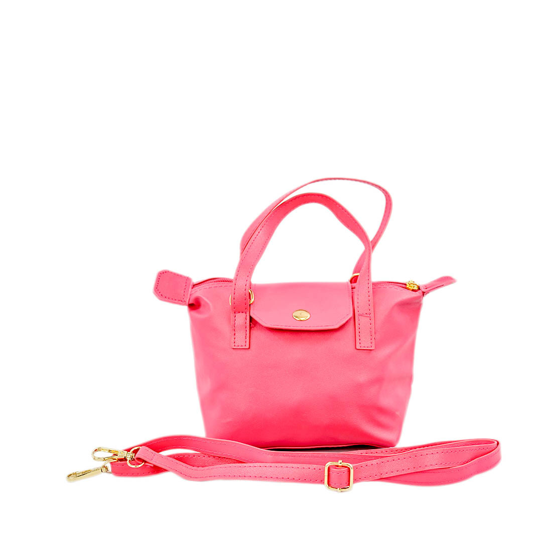 Compact tote-style handbag with snap flap and detachable strap