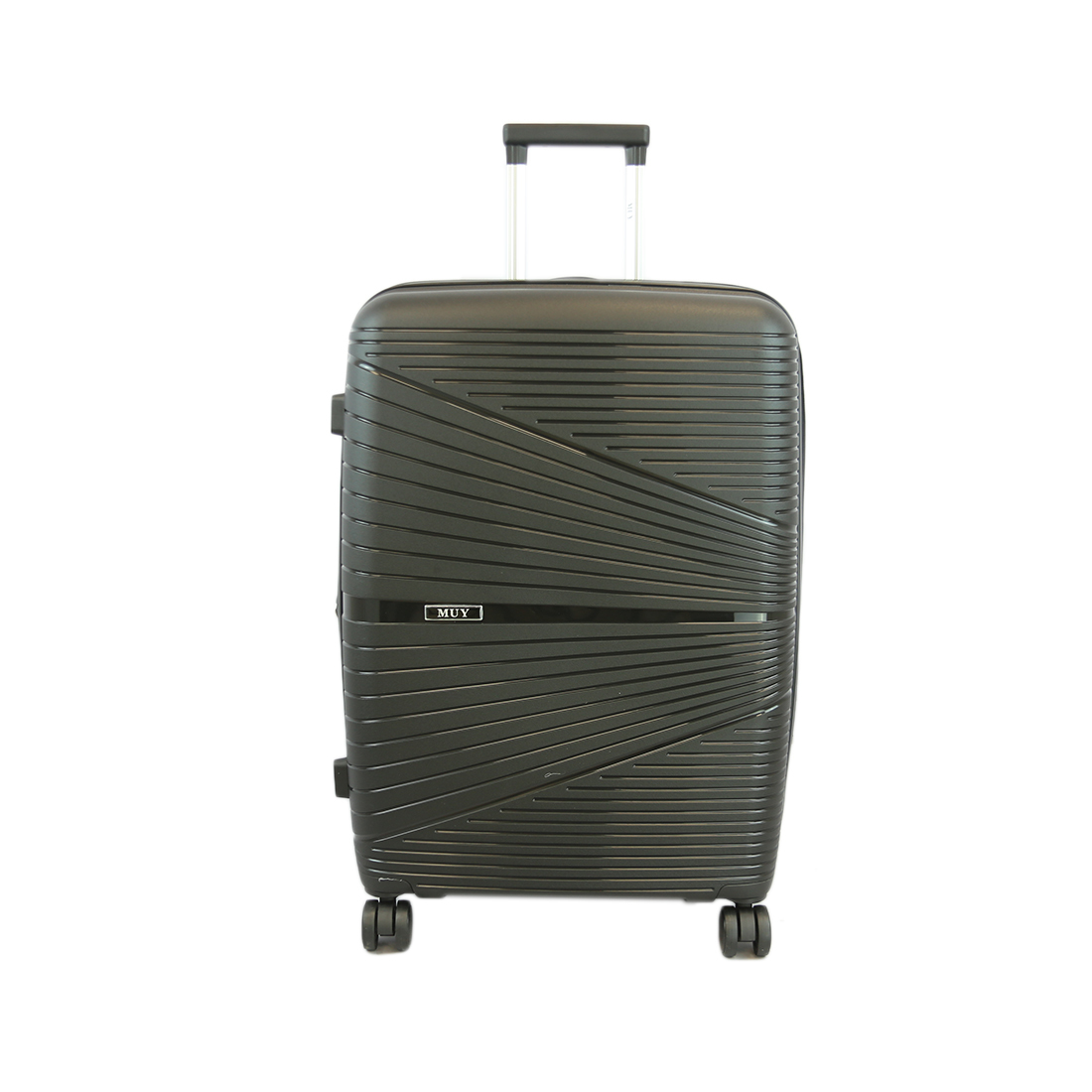 Sleek black hard-shell luggage with geometric pattern