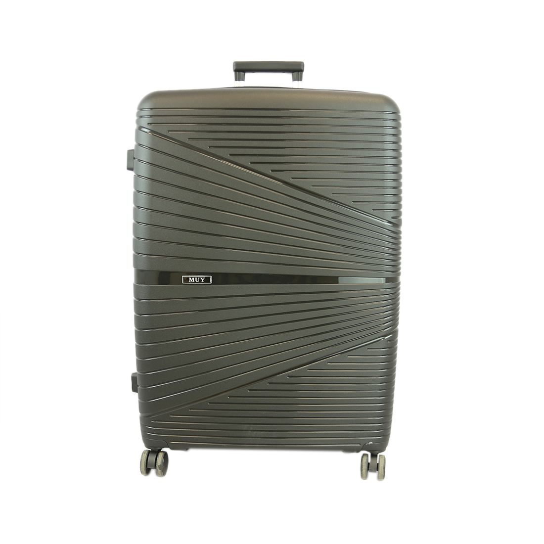 Sleek black hard-shell luggage with geometric pattern