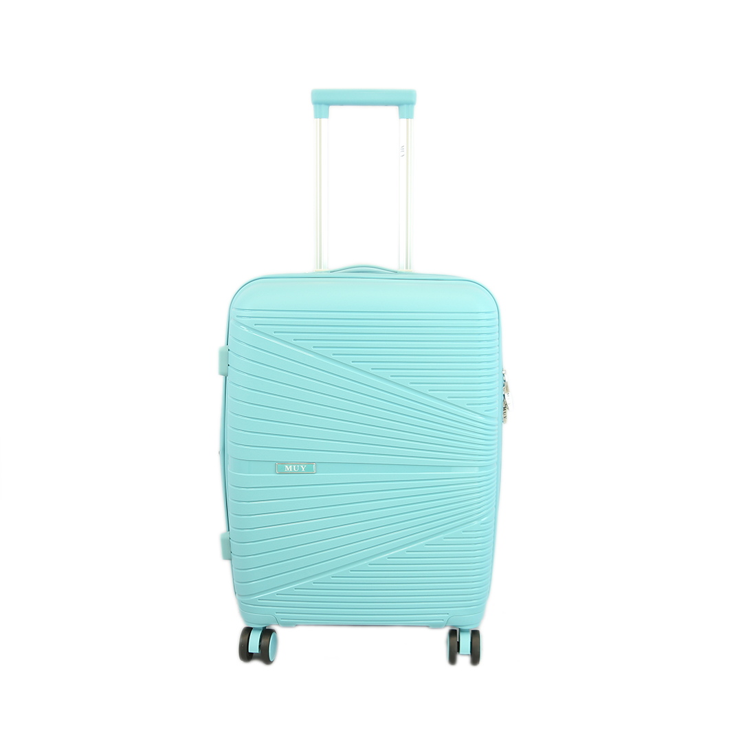 Sleek blue hard-shell luggage with geometric pattern