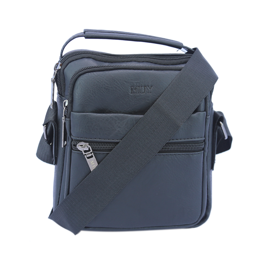 Textured crossbody bag with multiple zip compartments and logo detail.