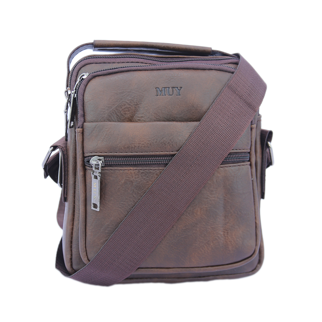 Textured crossbody bag with multiple zip compartments and logo detail.