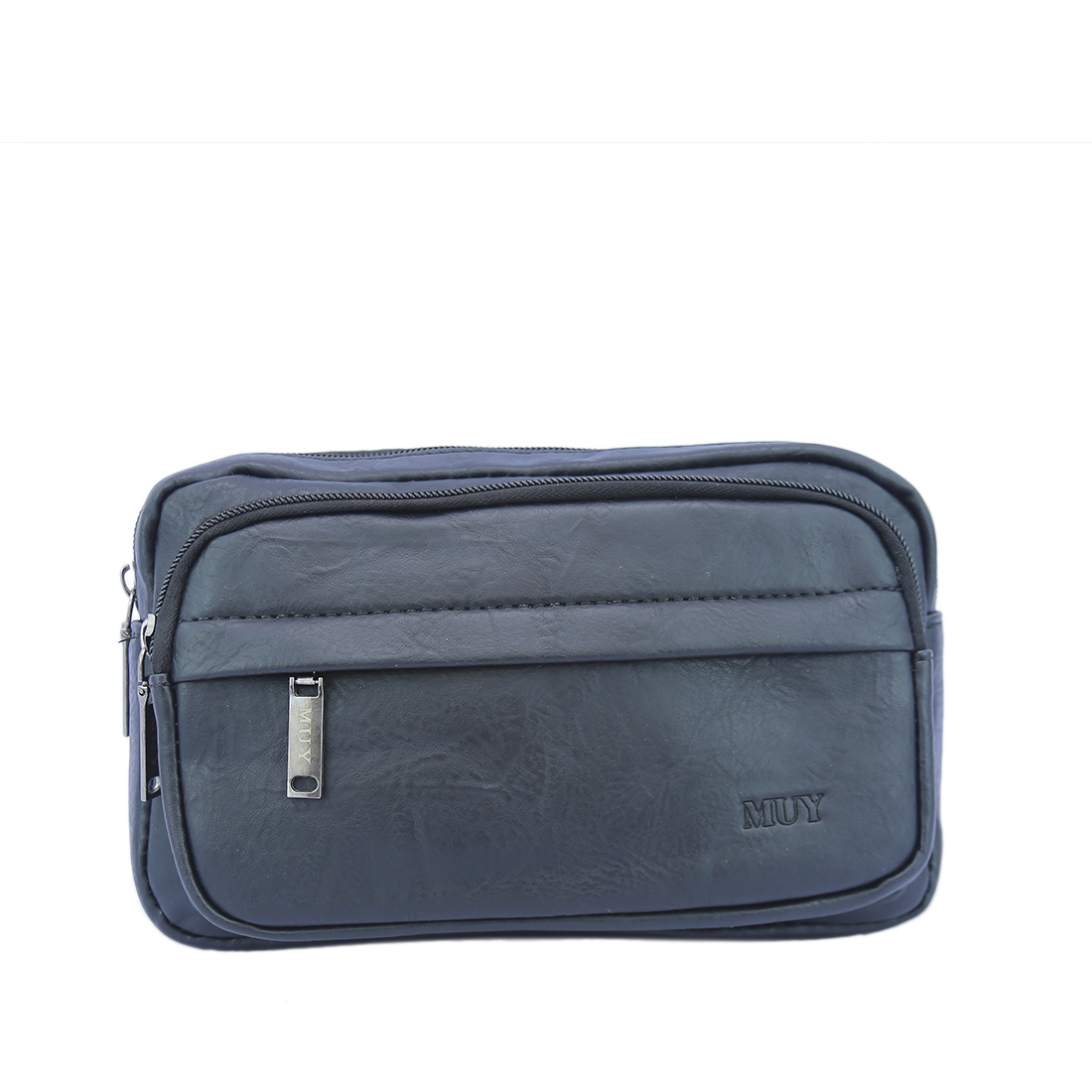 Textured crossbody bag with front zip pockets and logo detail.