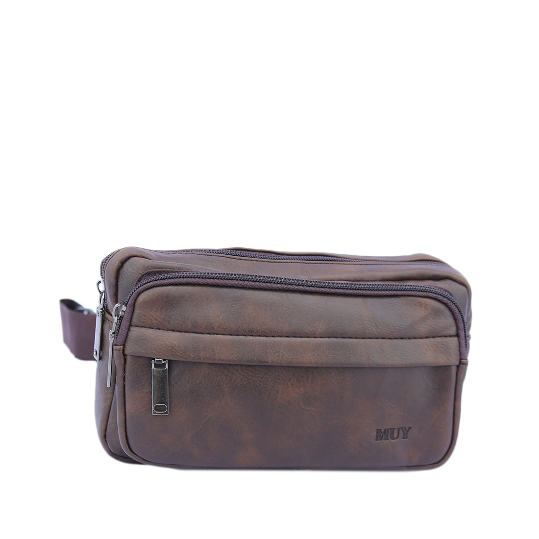 Textured crossbody bag with front zip pockets and logo detail.