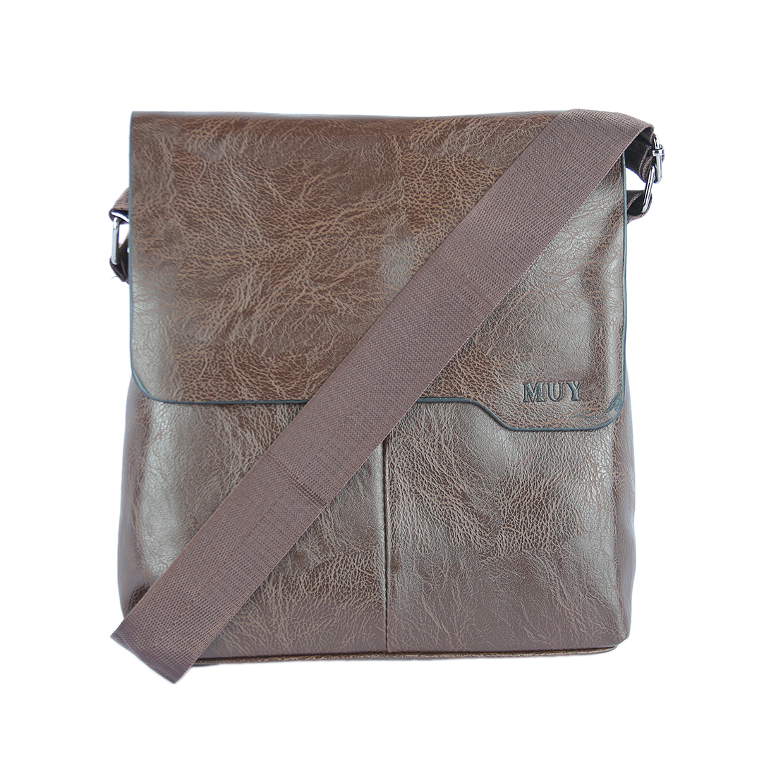 Textured crossbody bag with flap closure and adjustable strap.