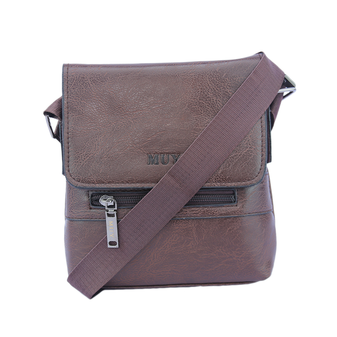 Textured shoulder bag with flap closure and front zip pocket.