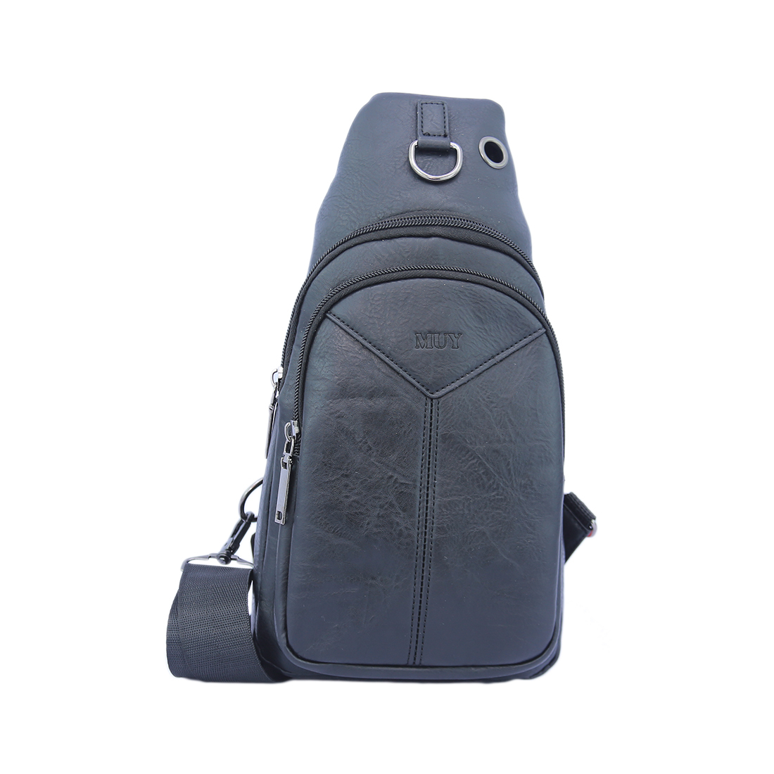 Textured sling bag with zip compartments and metal ring detail.