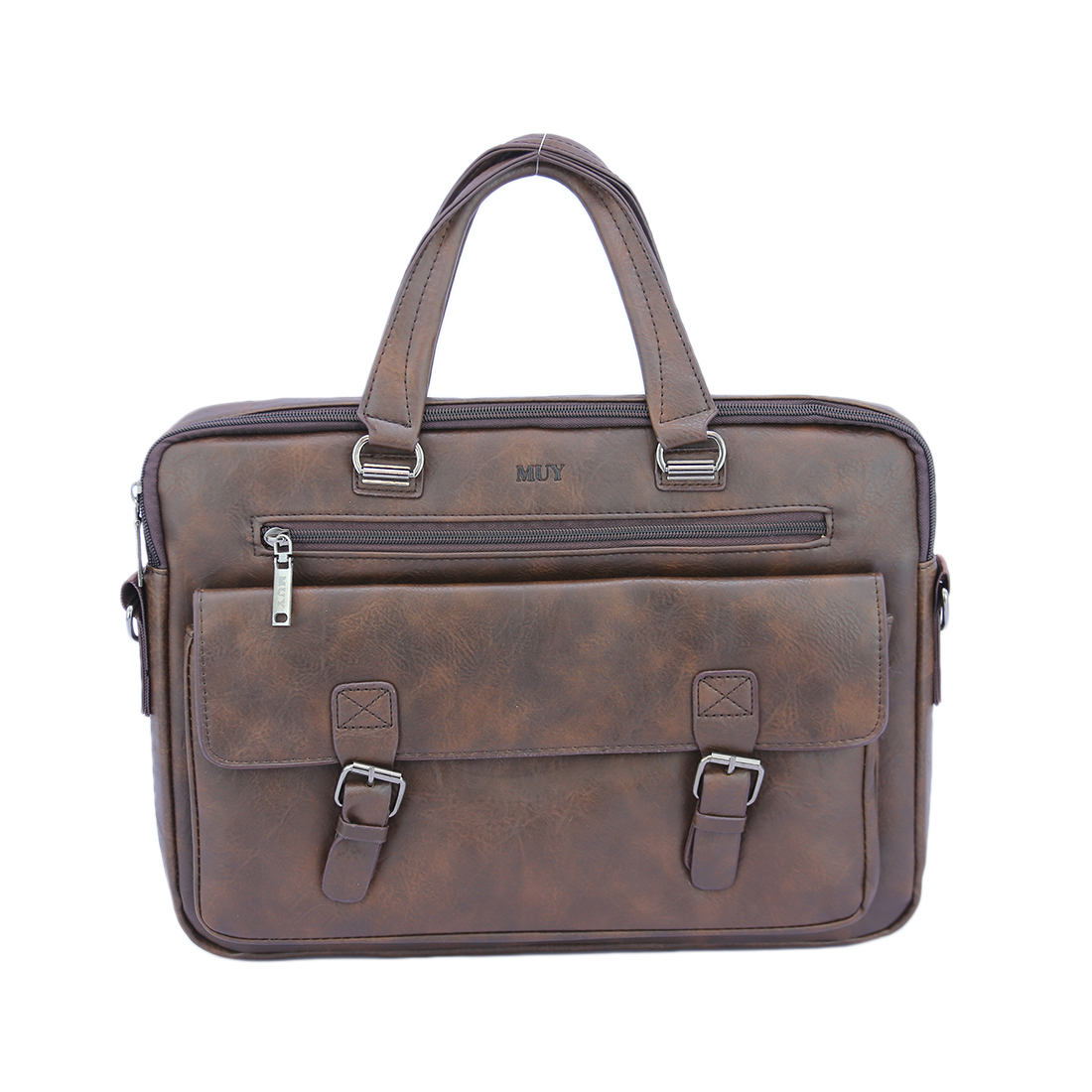 Textured shoulder bag with top handles, front buckled pocket, and zip closure.