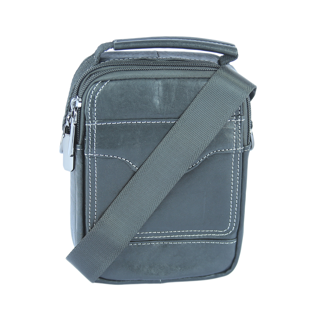 Real leather compact shoulder bag with contrasting stitching