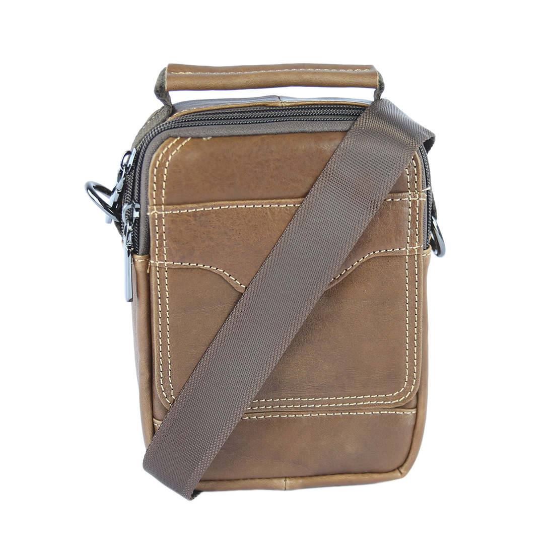 Real leather compact shoulder bag with contrasting stitching