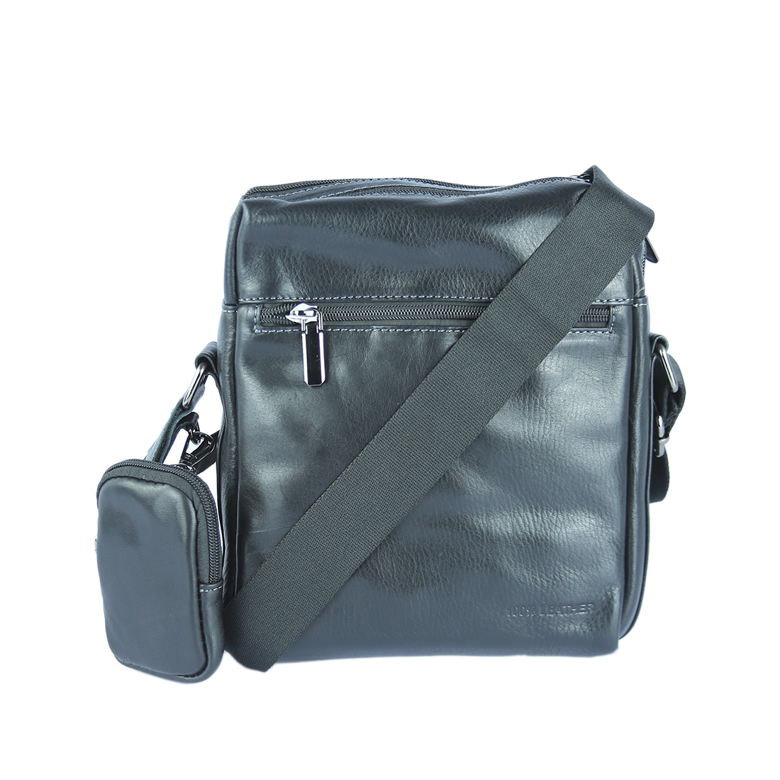 Brown leather messenger bag with mini pouch