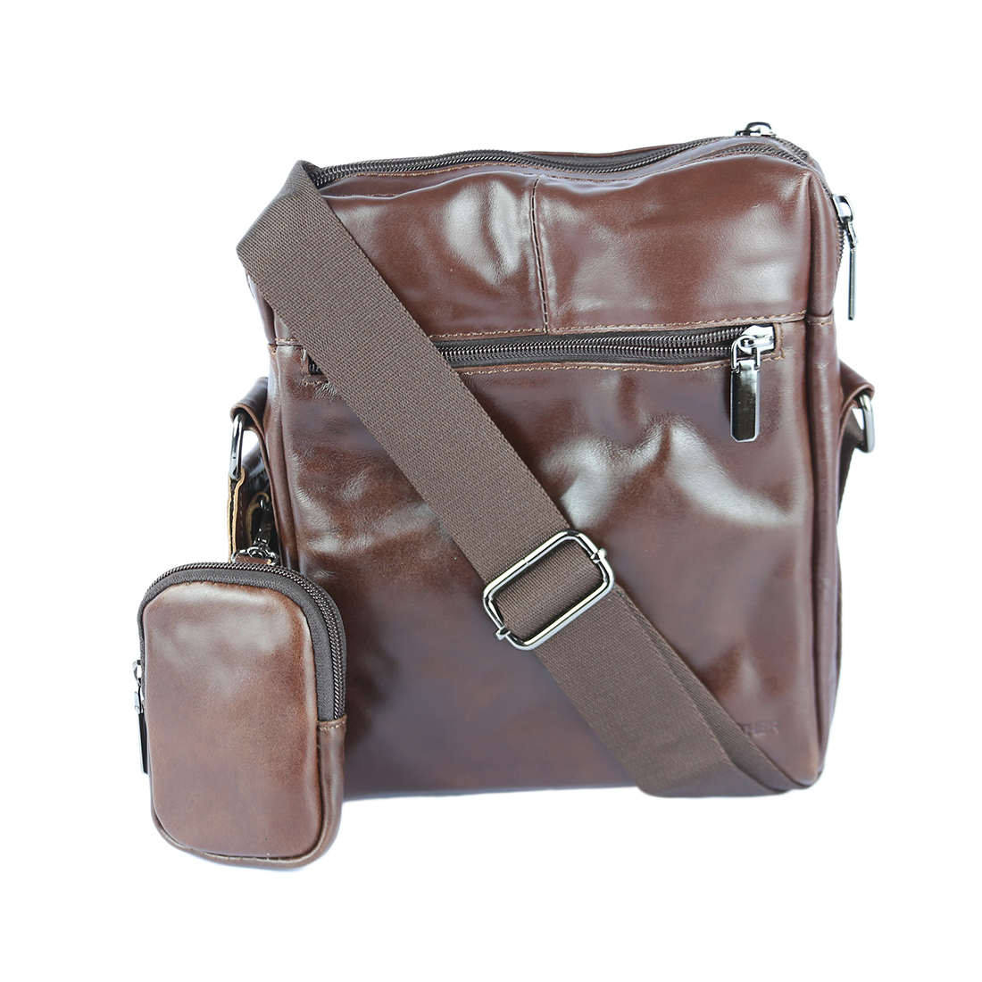 Brown leather messenger bag with mini pouch