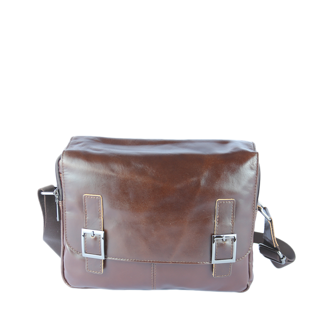 A brown leather satchel with buckle closures