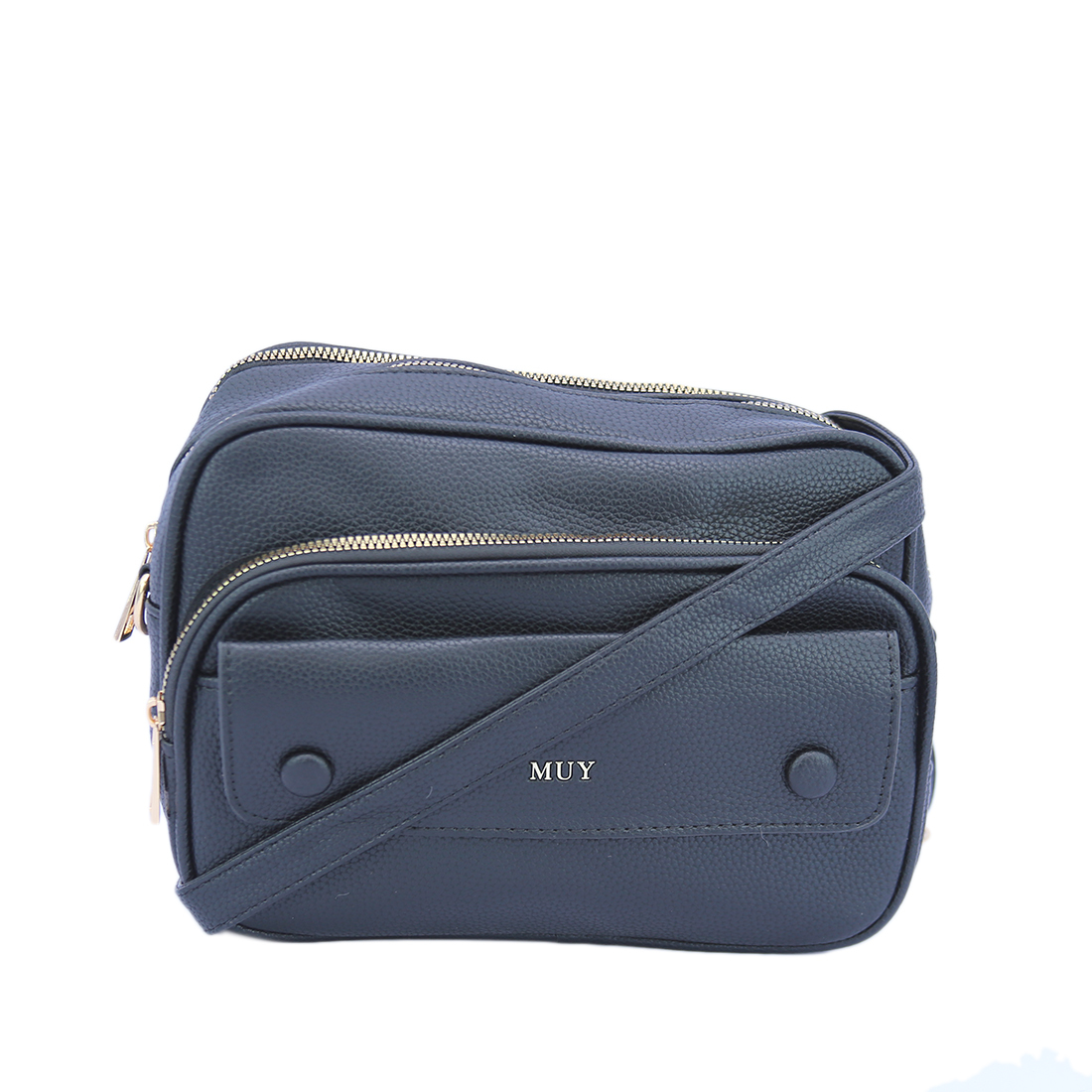 Compact crossbody bag with front pocket and textured finish.