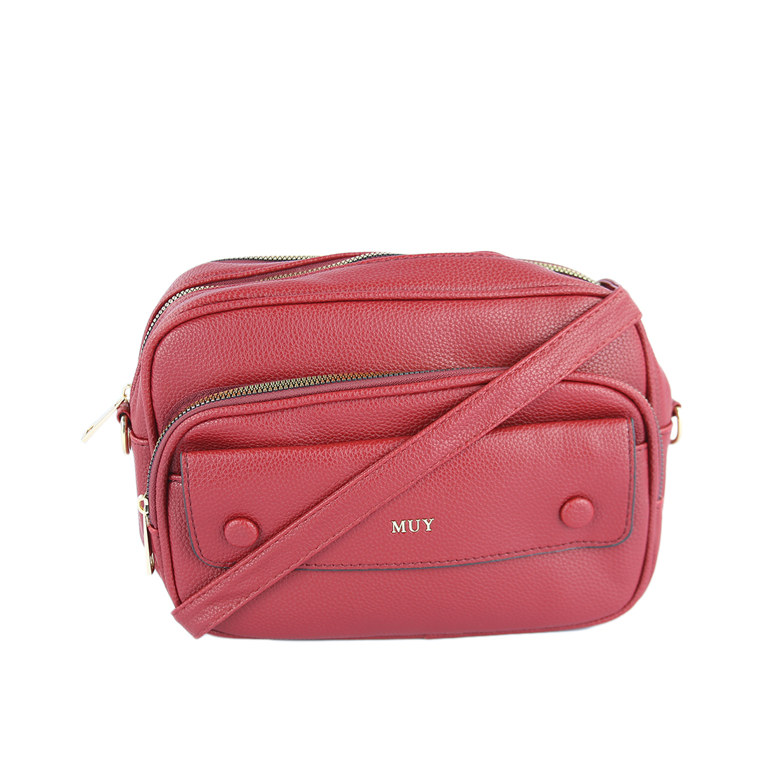 Compact crossbody bag with front pocket and textured finish.