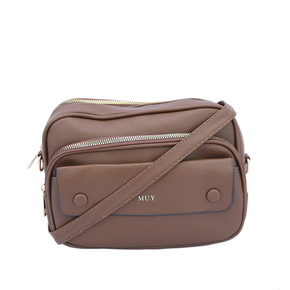Compact crossbody bag with front pocket and textured finish.