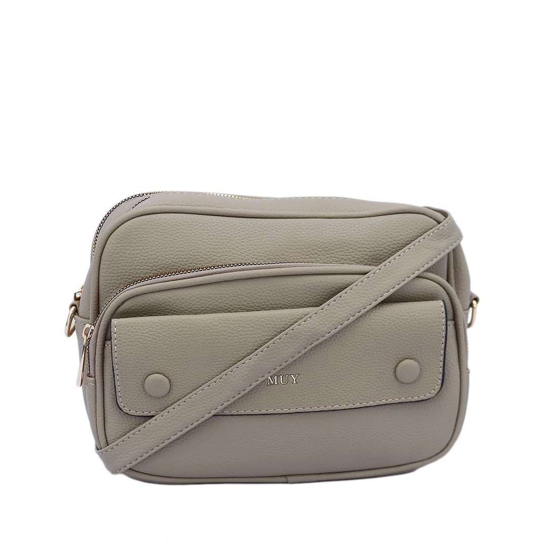 Compact crossbody bag with front pocket and textured finish.