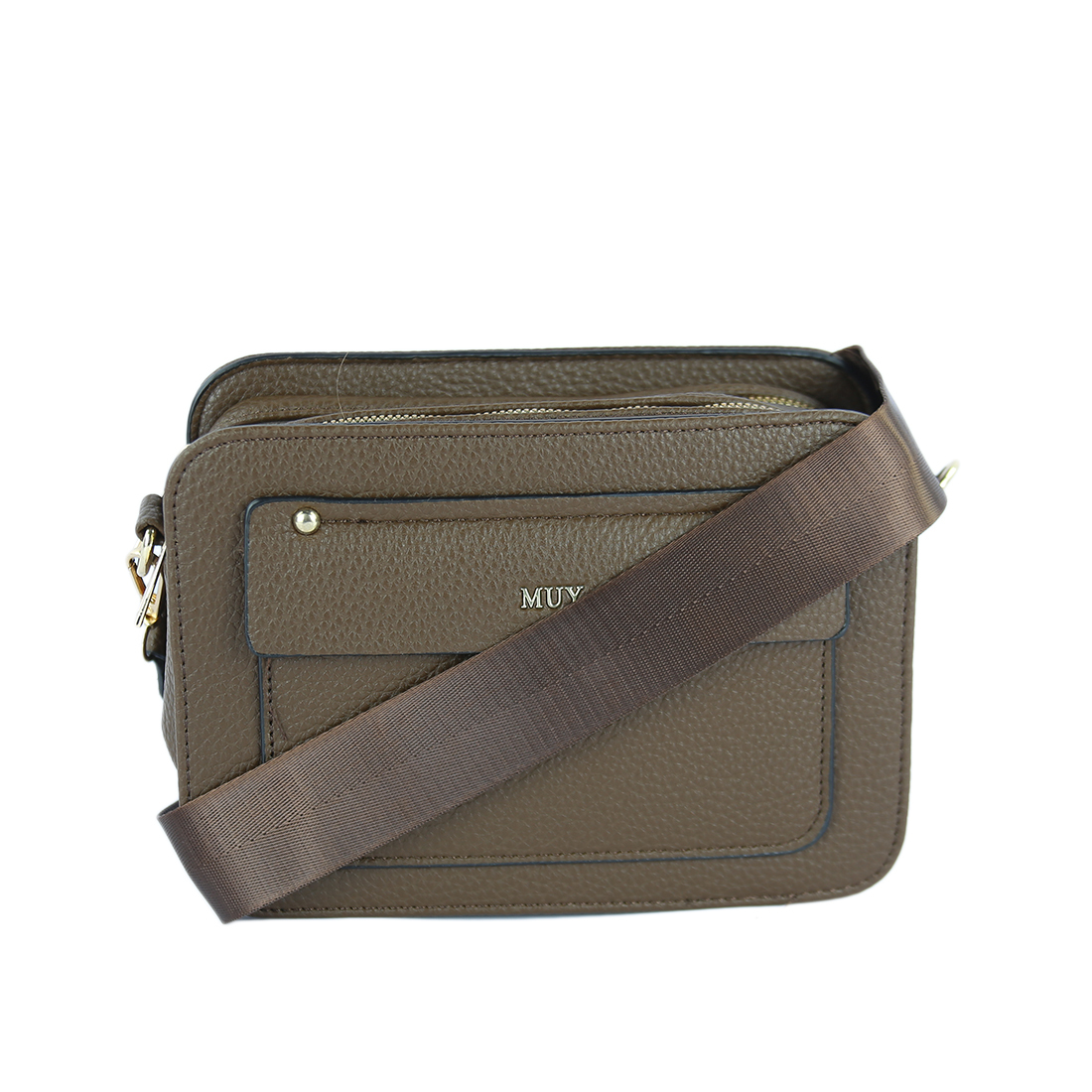 Textured crossbody bag with multiple zippered compartments and gold-tone details.