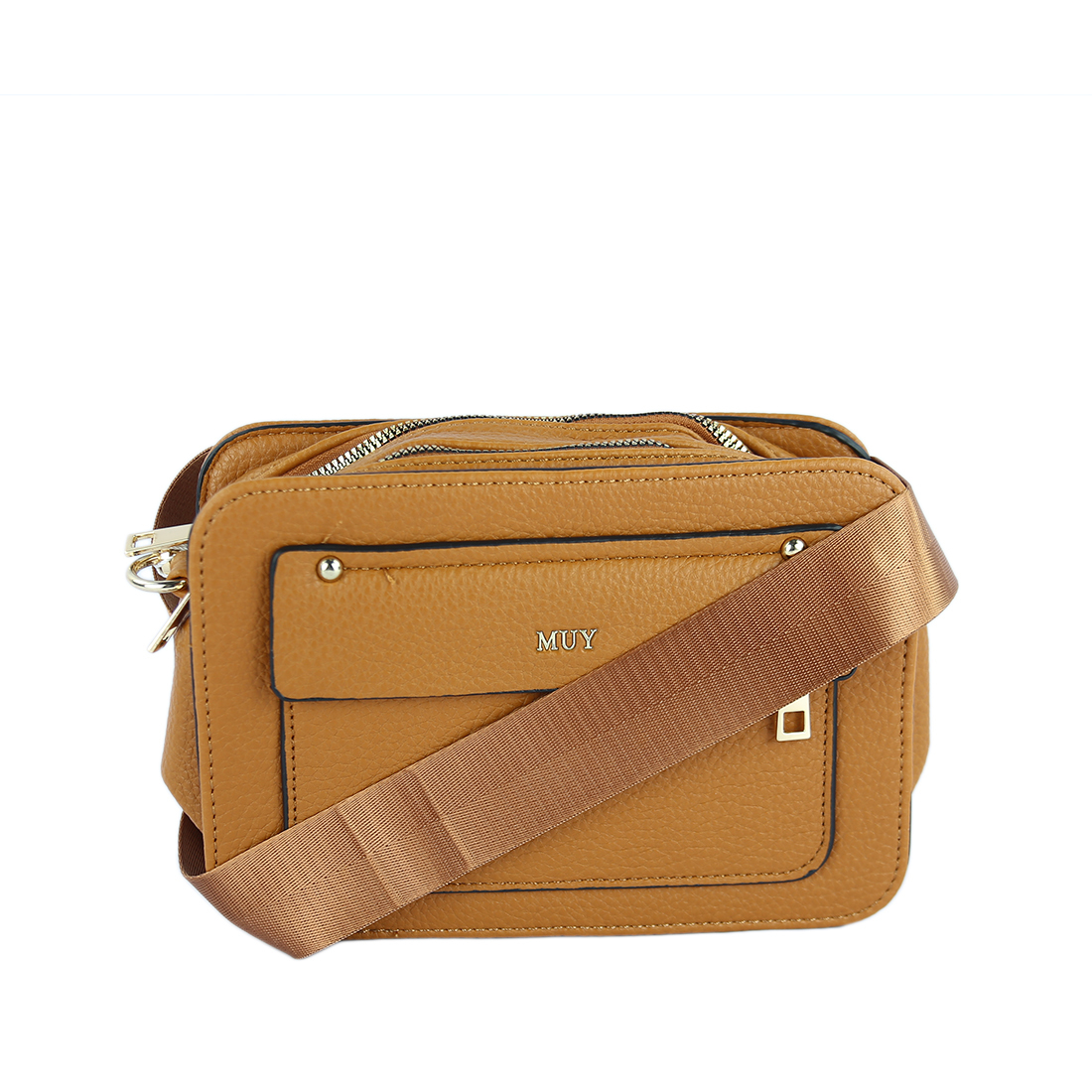 Textured crossbody bag with multiple zippered compartments and gold-tone details.