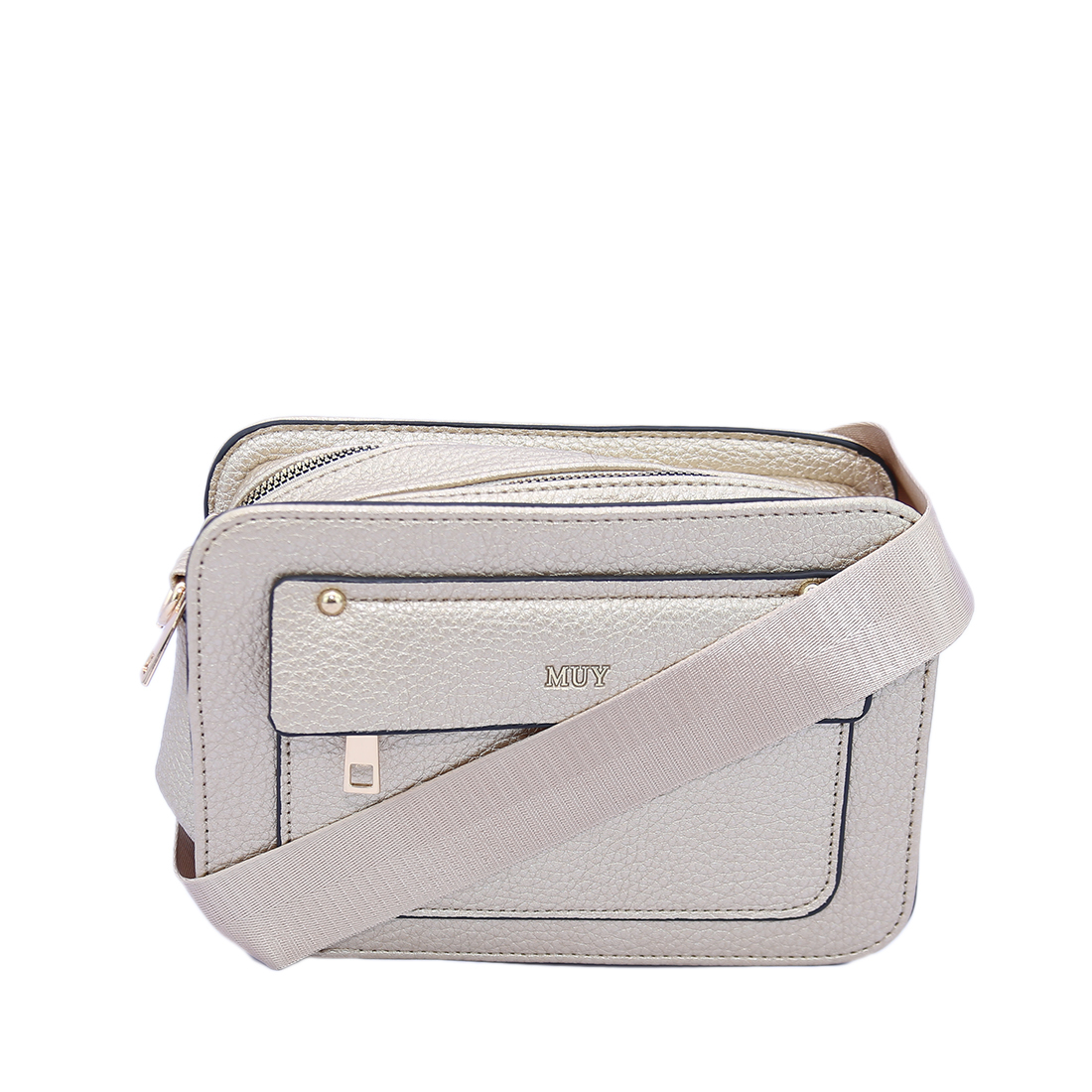 Textured crossbody bag with multiple zippered compartments and gold-tone details.