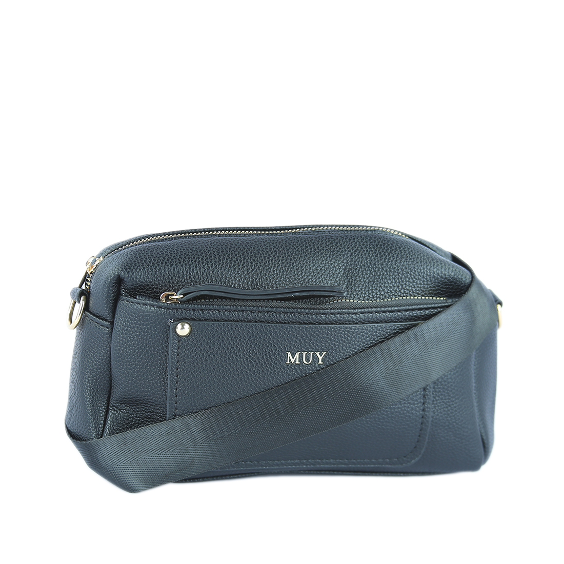 Textured crossbody bag with front pocket and gold-tone accents.