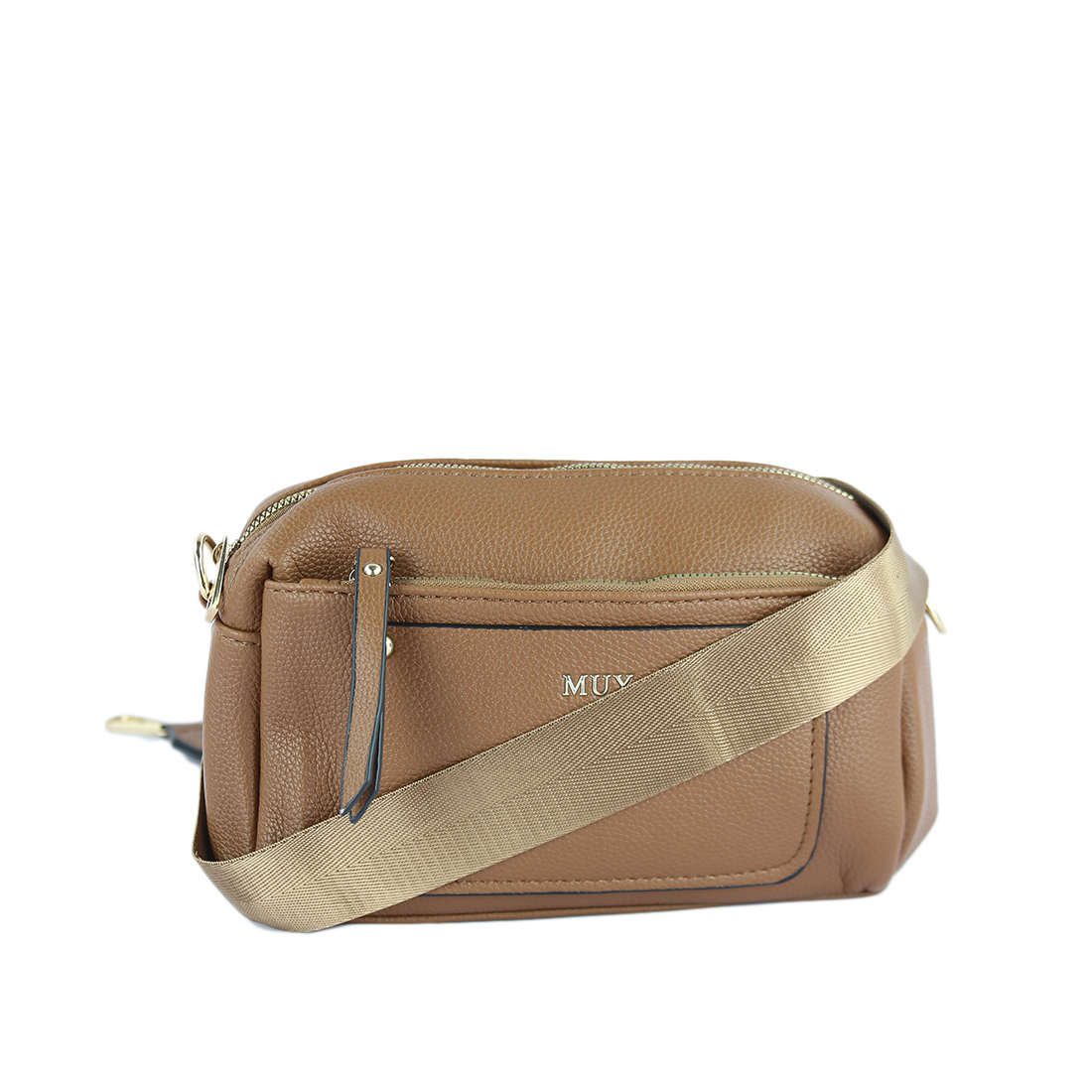 Textured crossbody bag with front pocket and gold-tone accents.