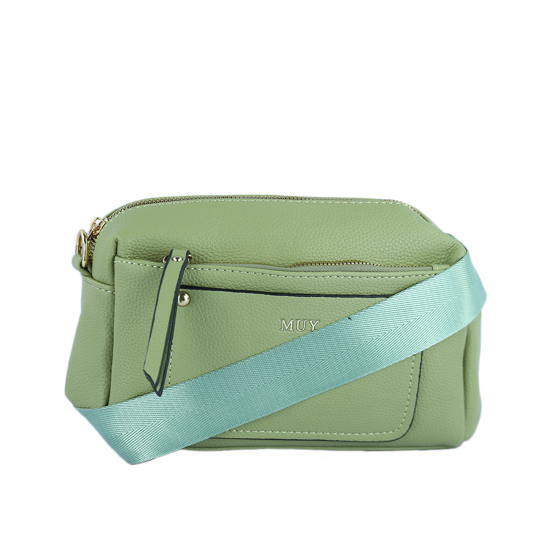 Textured crossbody bag with front pocket and gold-tone accents.