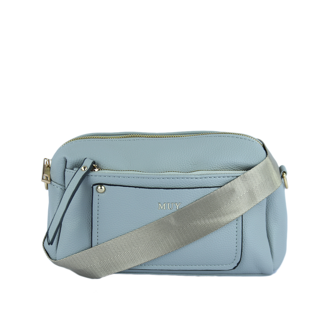 Textured crossbody bag with front pocket and gold-tone accents.