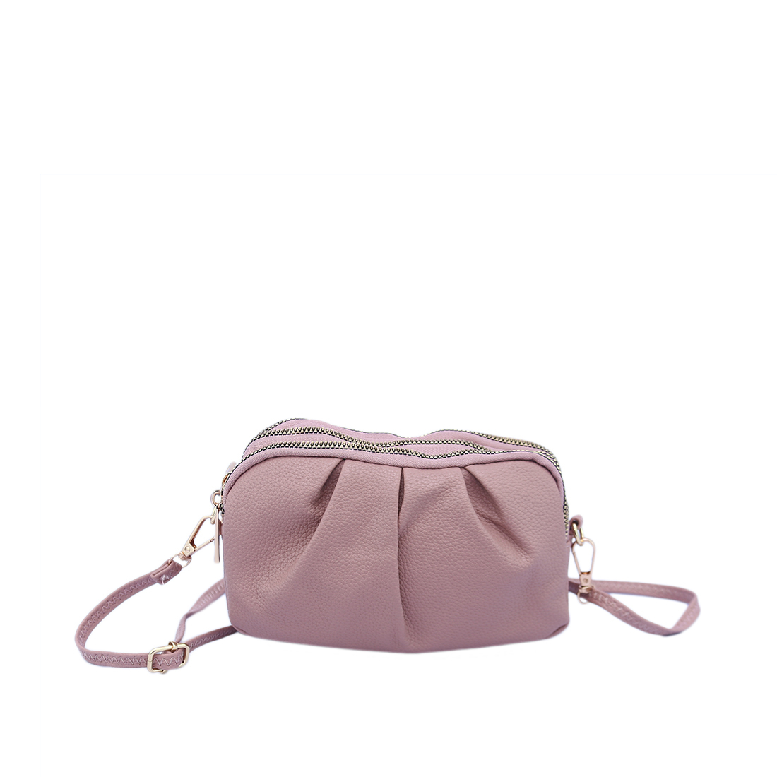 Textured crossbody bag with pleated design and double zip closure.