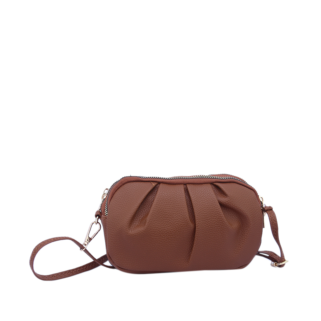 Textured crossbody bag with pleated design and double zip closure.